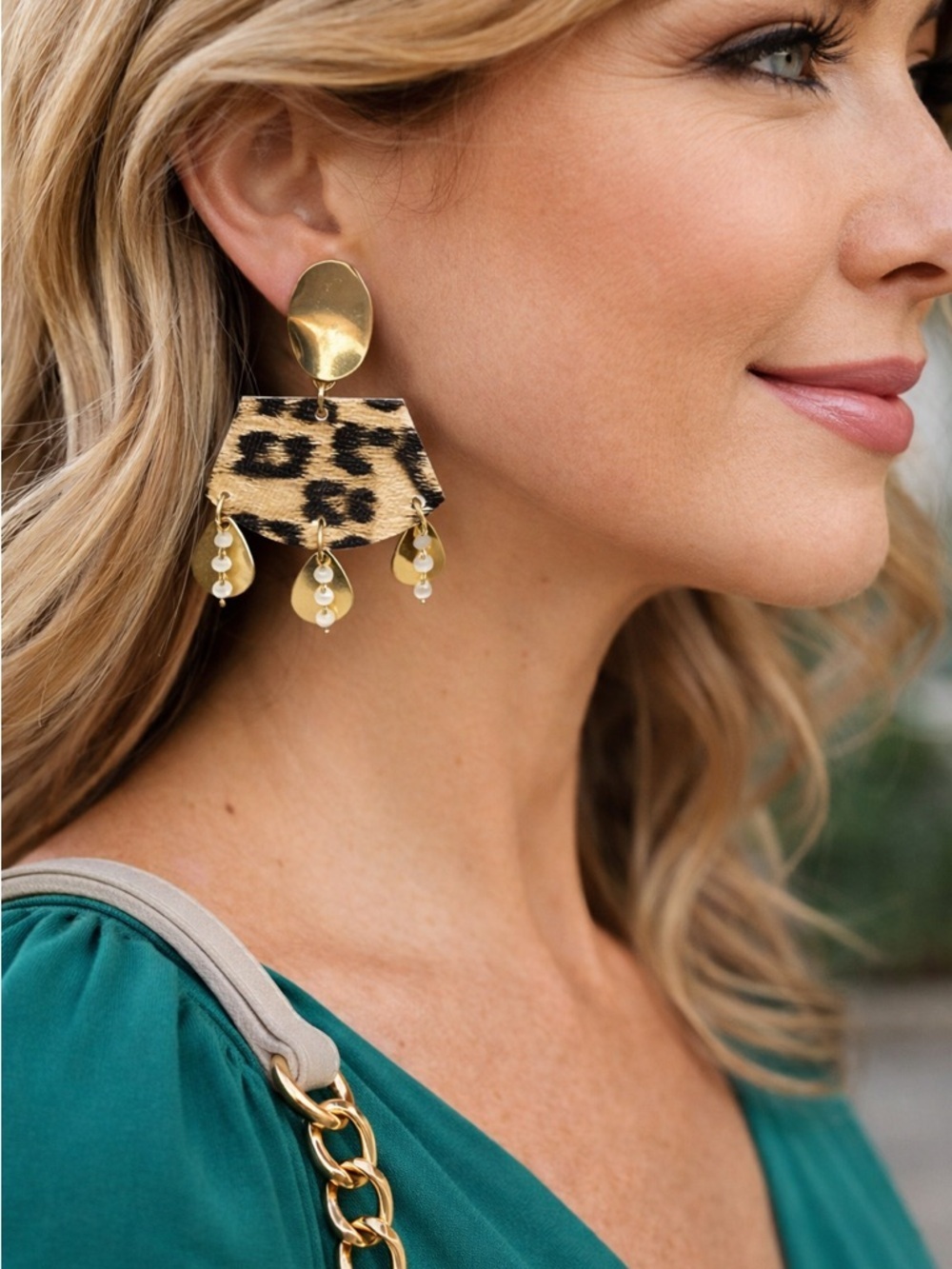 Leopard Print Statement Earrings Gold Dangle Boho Chic Fringe Drops